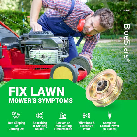 GY22172 flat idler pulley for John Deere lawn mowers shown with repair symptoms infographic.