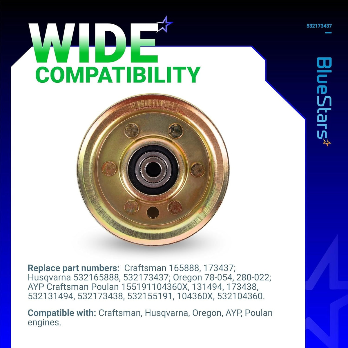 Flat idler pulley replacement part for Craftsman, Husqvarna, and AYP lawn mower decks.