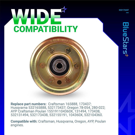 Flat idler pulley replacement part for Craftsman, Husqvarna, and AYP lawn mower decks.