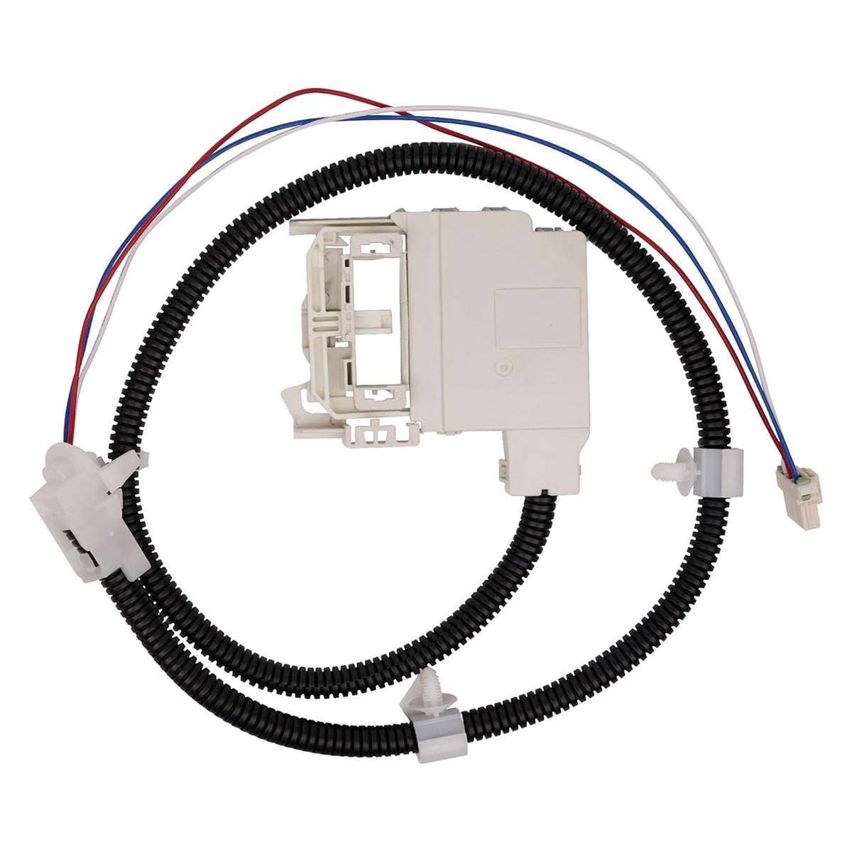 Replacement washer lid lock assembly with wiring harness for GE washing machines.