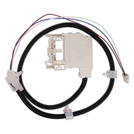 Replacement washer lid lock assembly with wiring harness for GE washing machines.