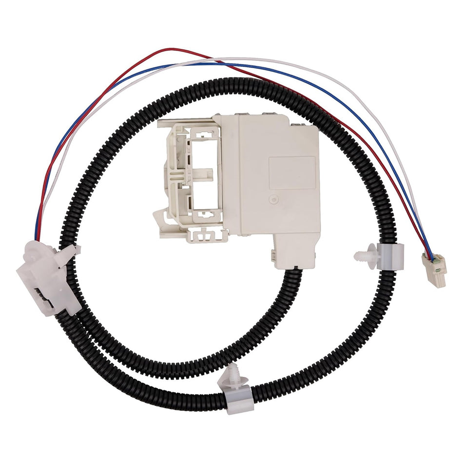 Replacement washer lid lock assembly with wiring harness for GE washing machines.