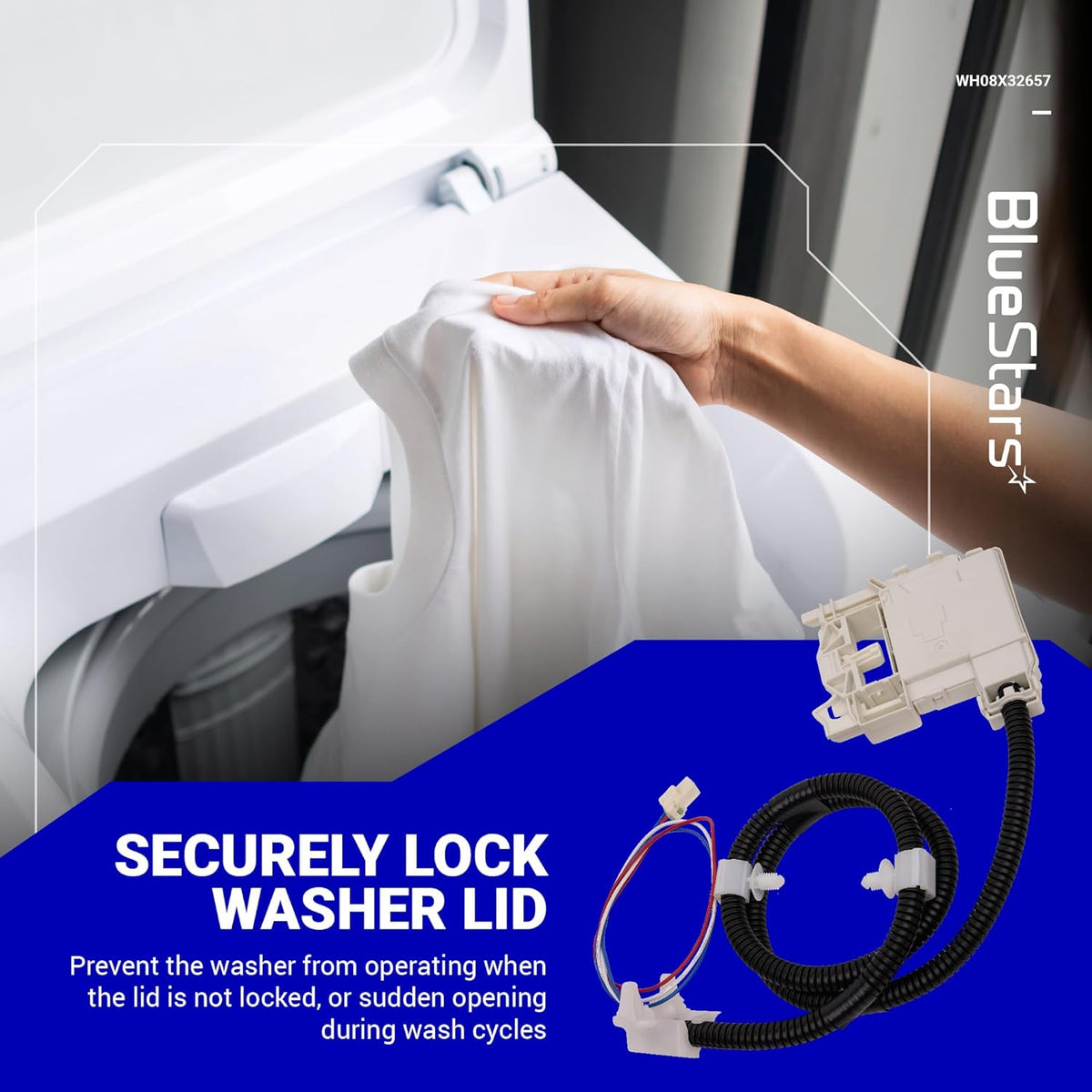 WH08X32657 washer lid lock and wire harness assembly for GE washing machines.