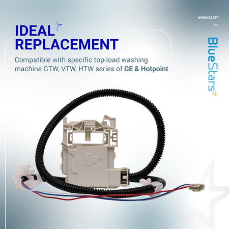 Replacement washer lid lock and wire harness kit for GE and Hotpoint top-load washing machines.