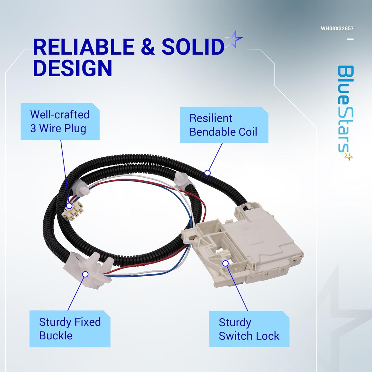 WH08X32657 washer lid lock and harness assembly with 3-wire plug, protective coil, and switch lock for GE washers.