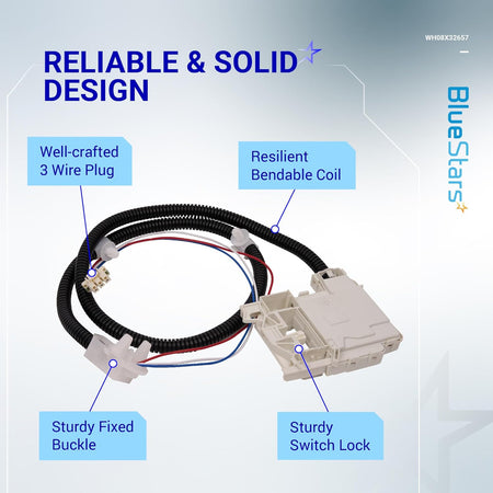 WH08X32657 washer lid lock and harness assembly with 3-wire plug, protective coil, and switch lock for GE washers.