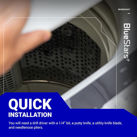Instructional graphic showing GE washer lid lock installation steps with required tools list.