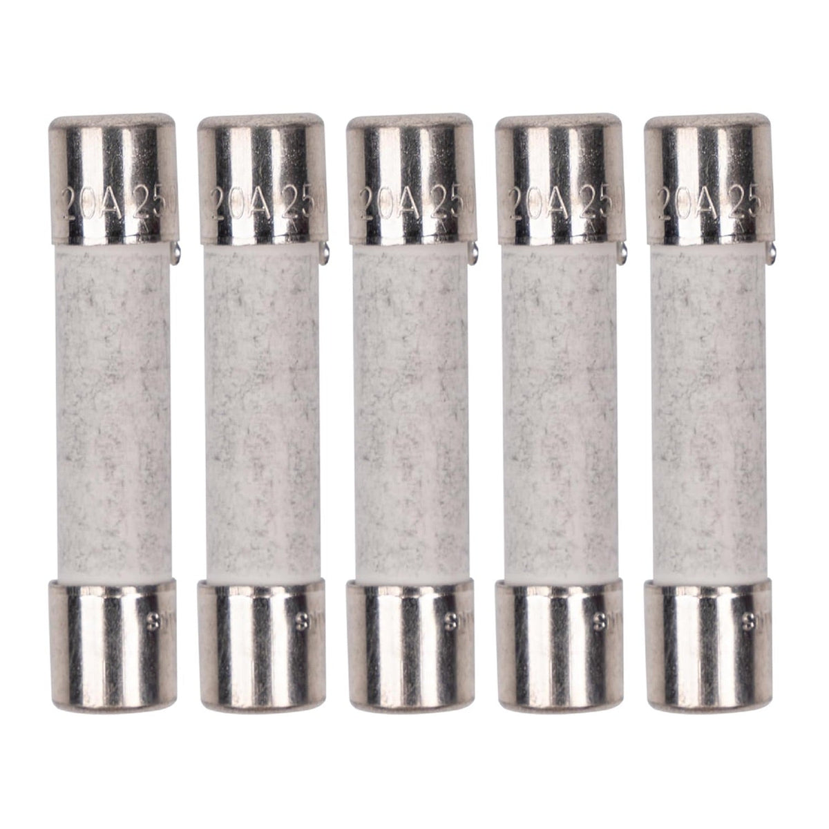 Pack of five 20A 250V ceramic slow-blow microwave replacement fuses.