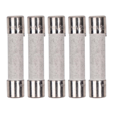 Pack of five 20A 250V ceramic slow-blow microwave replacement fuses.
