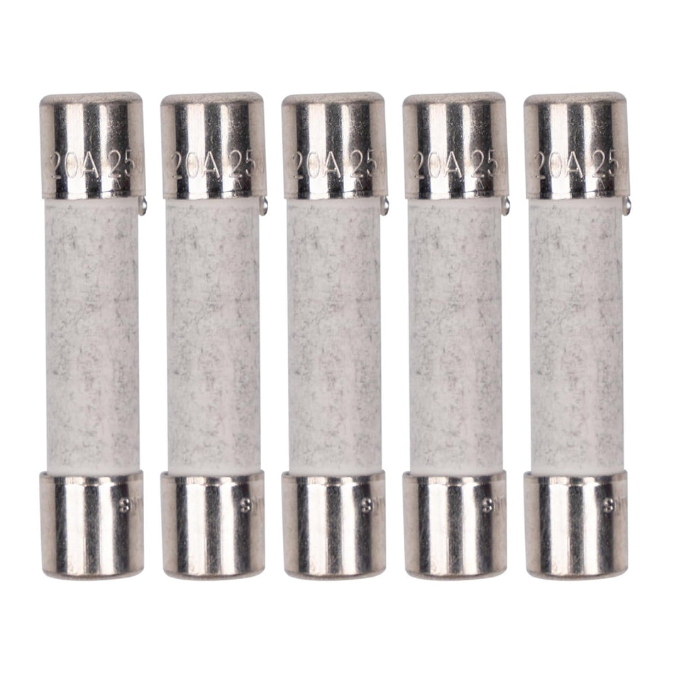 Pack of five 20A 250V ceramic slow-blow microwave replacement fuses.
