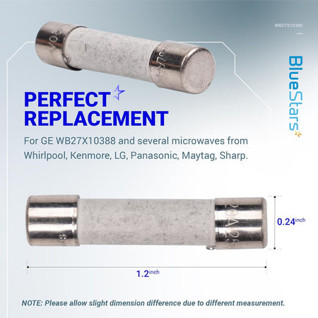 20A ceramic microwave fuse replacement showing dimensions and compatibility for GE WB27X10388 and other major brands.