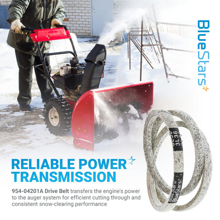 954-04201A replacement drive belt for MTD, Cub Cadet, and Troy-Bilt snowblowers shown with a snowblower in operation.