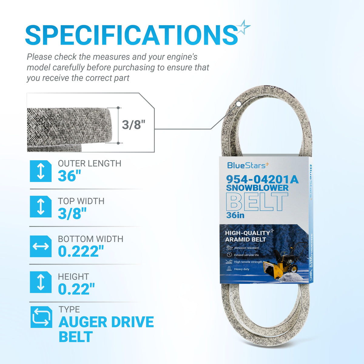 Specification chart for 954-04201A snowblower drive belt showing dimensions and measurements.