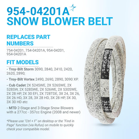 954-04201A snowblower drive belt replacement with compatibility information and part number details.