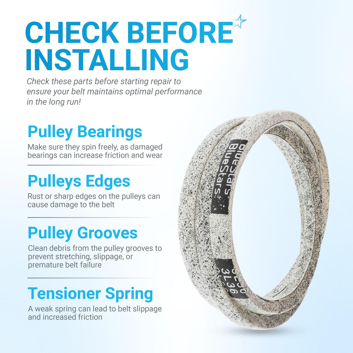 Infographic showing 954-04201A drive belt installation tips for MTD, Cub Cadet, and Troy-Bilt snowblowers.