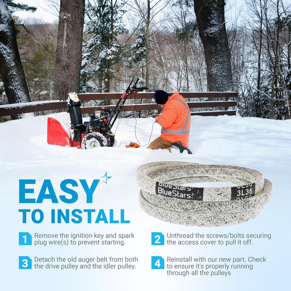 954-04201A drive belt replacement for snowblowers with easy installation steps and instructional graphic.
