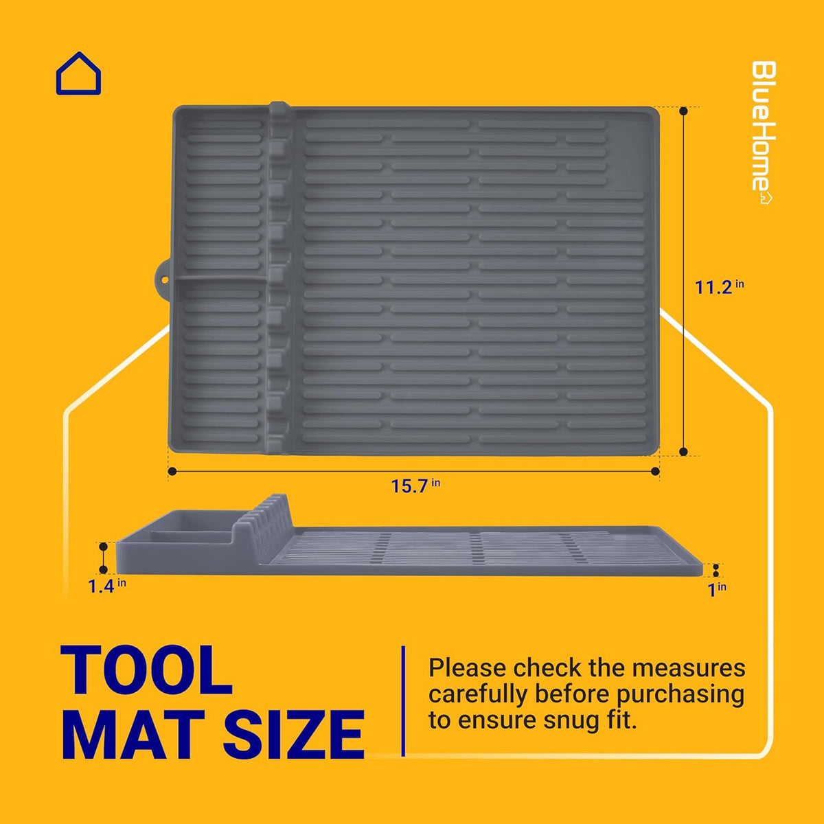 Silicone grill tool mat showing top and side view dimensions of 15.7 by 11.2 inches.