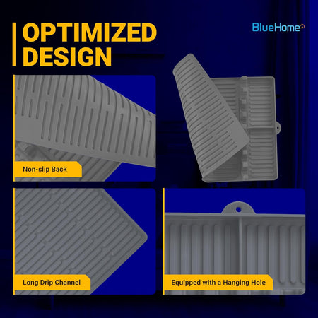 Silicone grill mat showing non-slip back, long drip channels, and integrated hanging hole design features.