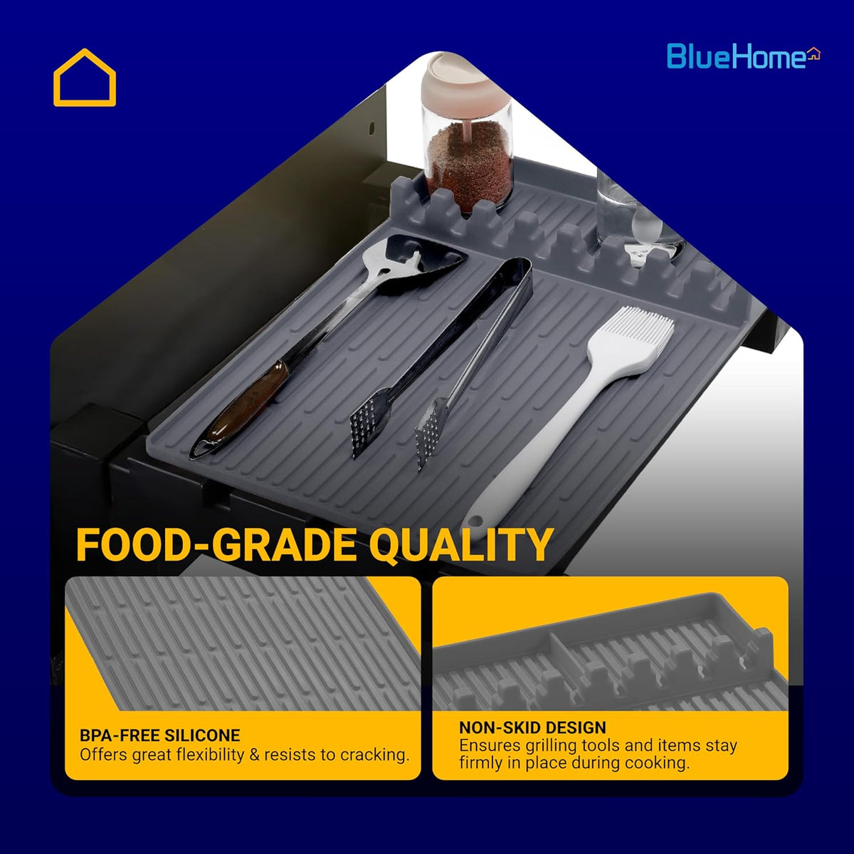 Grey silicone grill mat with slots for holding grilling utensils and seasoning jars.