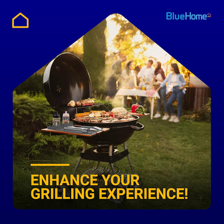 Grey silicone grill mat placed on a side table of a charcoal grill with food and grilling tools.