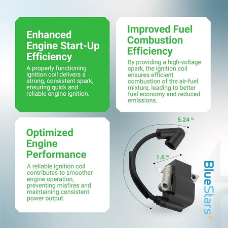 Infographic showing 573935702 ignition coil dimensions and performance benefits for Husqvarna and Jonsered chainsaws.