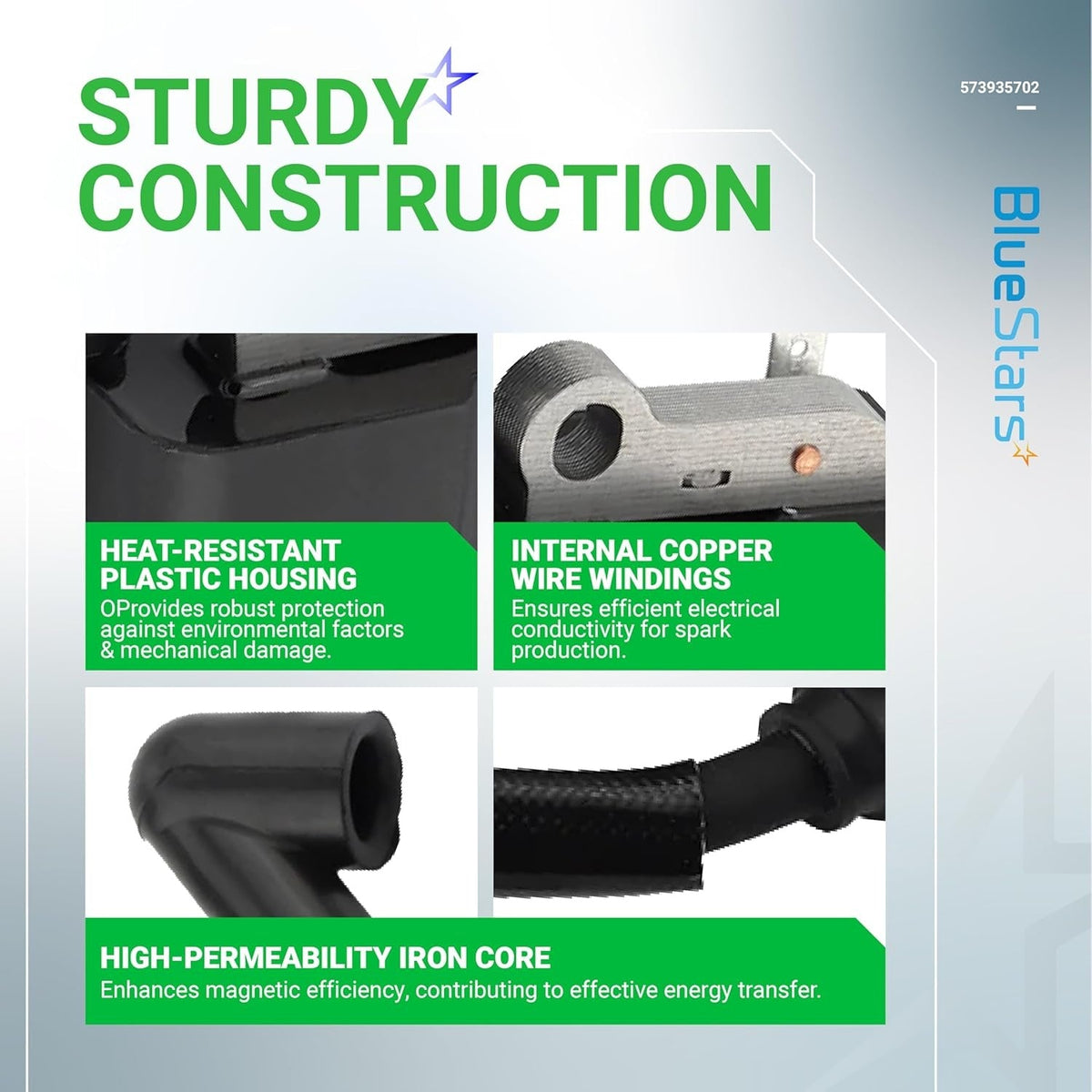 Infographic showing construction features of 573935702 ignition coil for Husqvarna and Jonsered chainsaws.