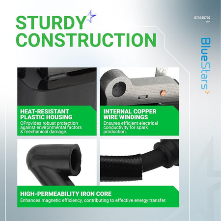 Infographic showing construction features of 573935702 ignition coil for Husqvarna and Jonsered chainsaws.
