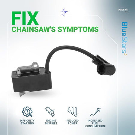 573935702 ignition coil with wire for Husqvarna and Jonsered chainsaws, shown with symptom troubleshooting icons.