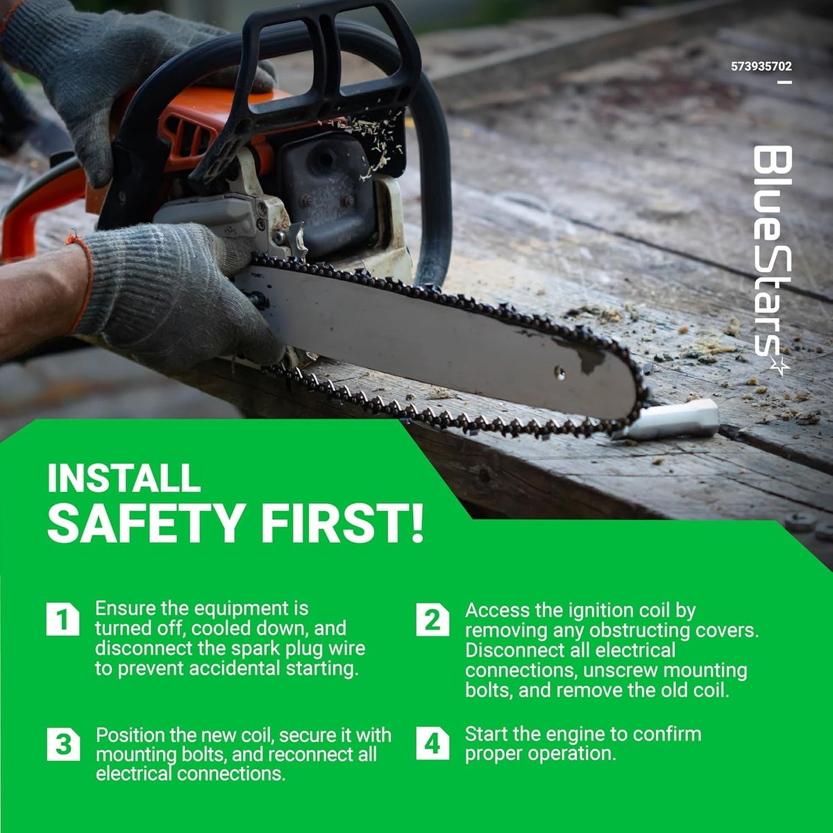 Instructional graphic for installing 573935702 ignition coil on a Husqvarna or Jonsered chainsaw.
