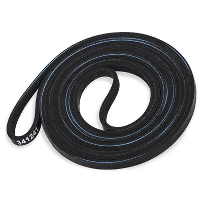 341241 black rubber dryer drum belt for Whirlpool, Kenmore, and Amana dryers.