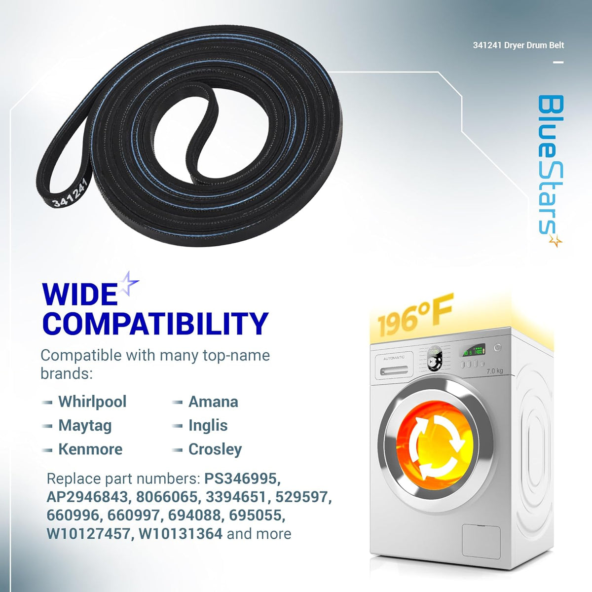341241 dryer drum belt replacement for Whirlpool, Kenmore, and Amana dryers with compatibility and part number details.