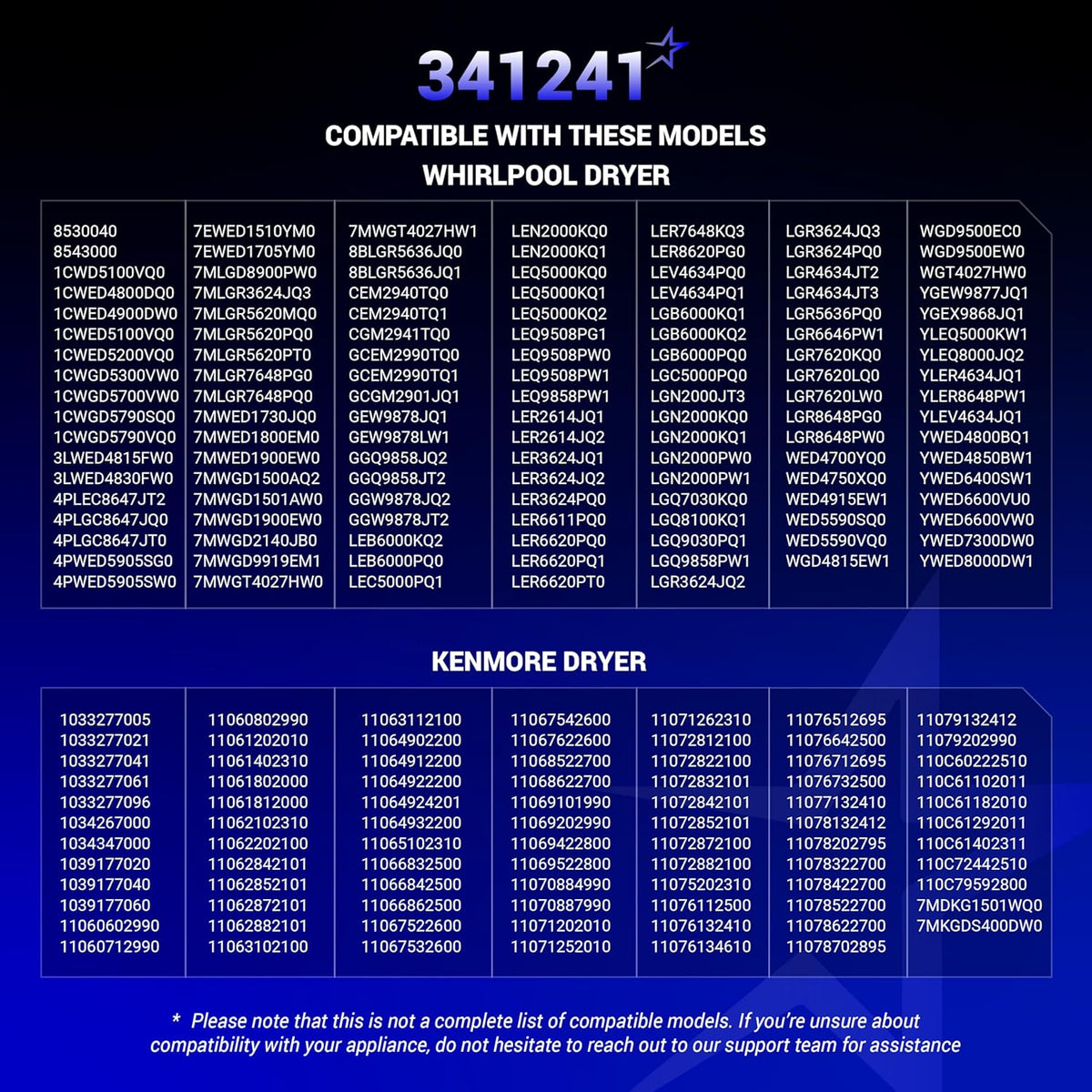 Compatibility chart for 341241 dryer drum belt listing Whirlpool and Kenmore model numbers.