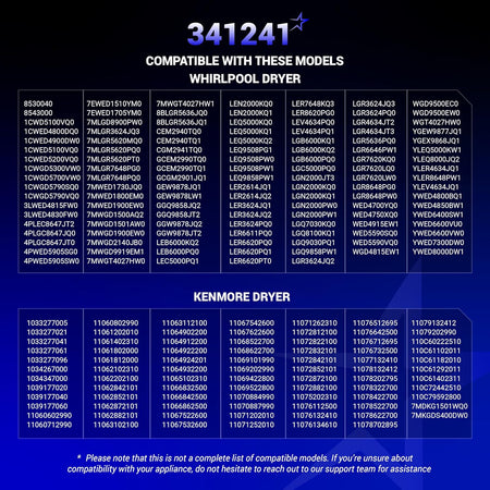Compatibility chart for 341241 dryer drum belt listing Whirlpool and Kenmore model numbers.