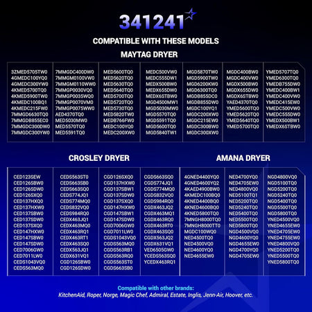 Compatibility chart for 341241 dryer drum belt listing Maytag, Crosley, and Amana dryer model numbers.