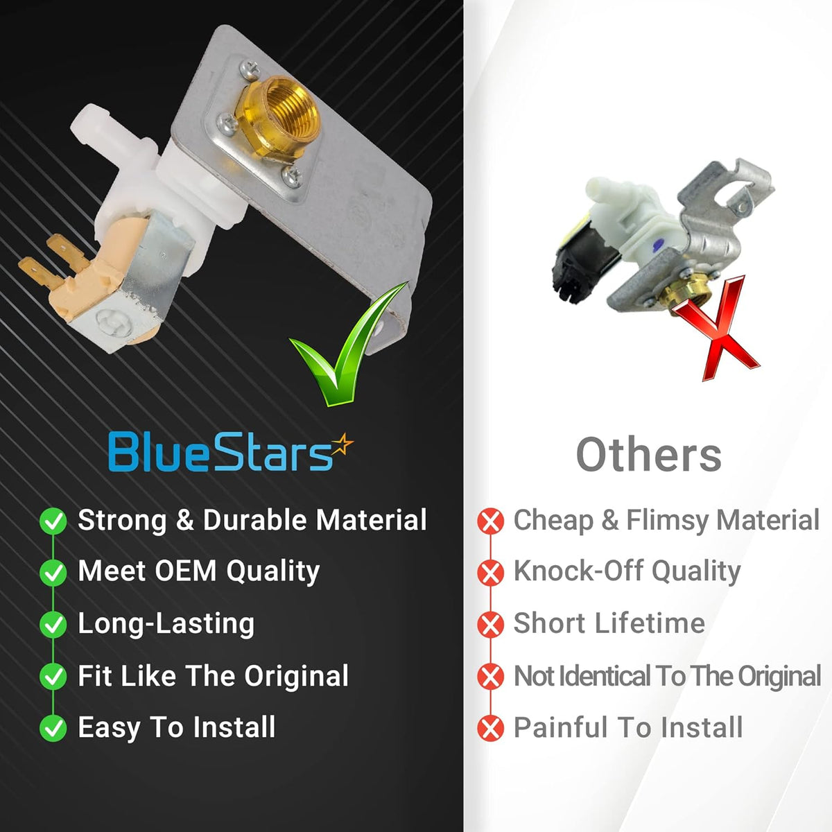 Comparison chart showing 154637401 dishwasher water inlet valve quality versus generic aftermarket parts.