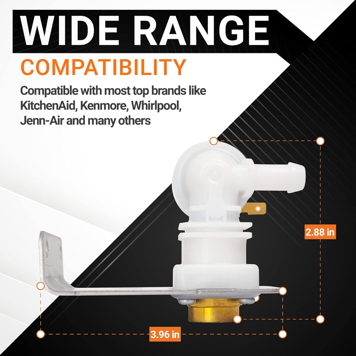 Dishwasher water inlet valve 154637401 with dimensional measurements showing 3.96 inch width and 2.88 inch height.