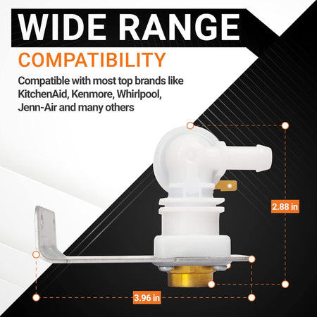 Dishwasher water inlet valve 154637401 with dimensional measurements showing 3.96 inch width and 2.88 inch height.