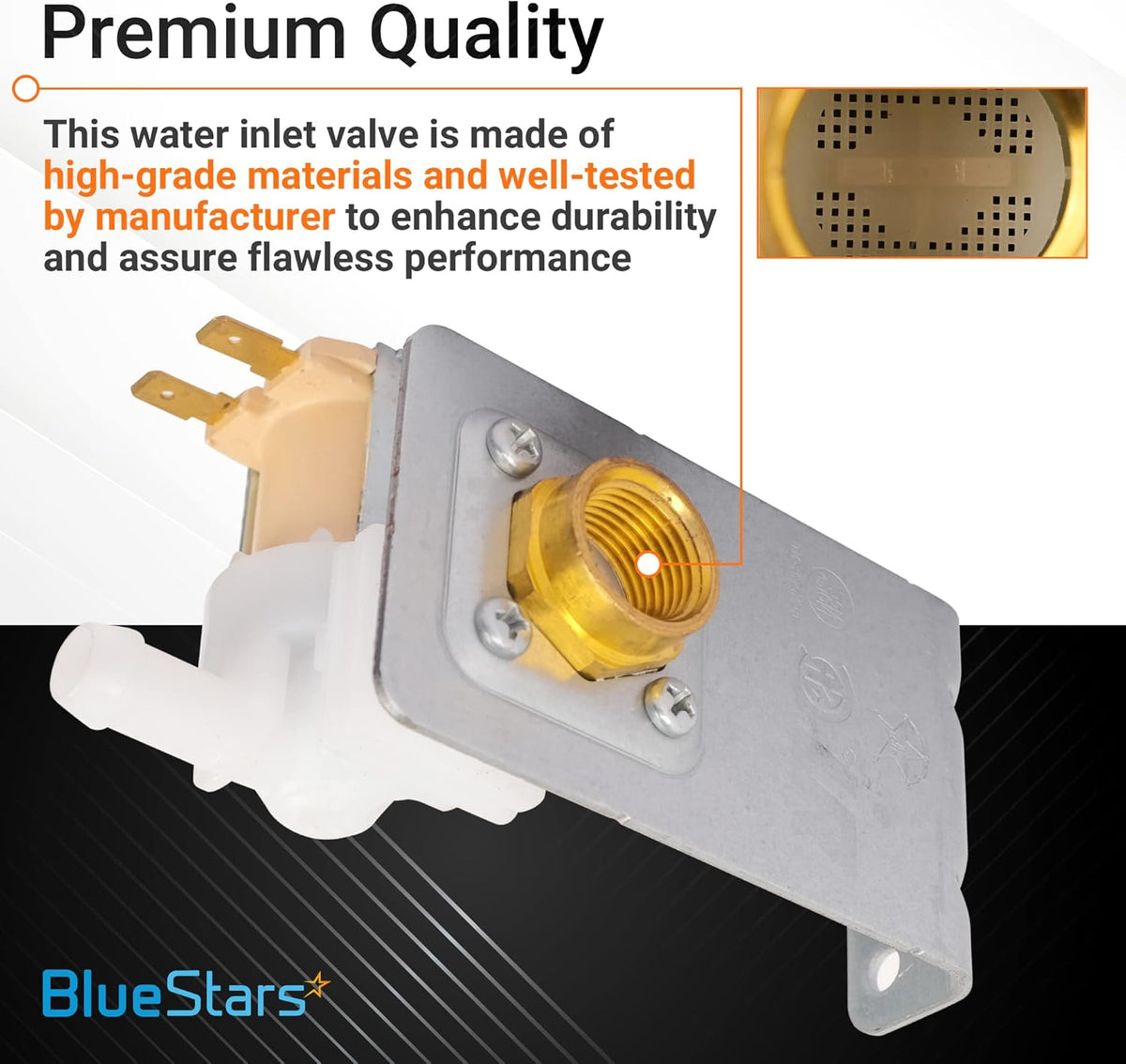 154637401 dishwasher water inlet valve with close-up view of the brass threaded connection and internal mesh filter.