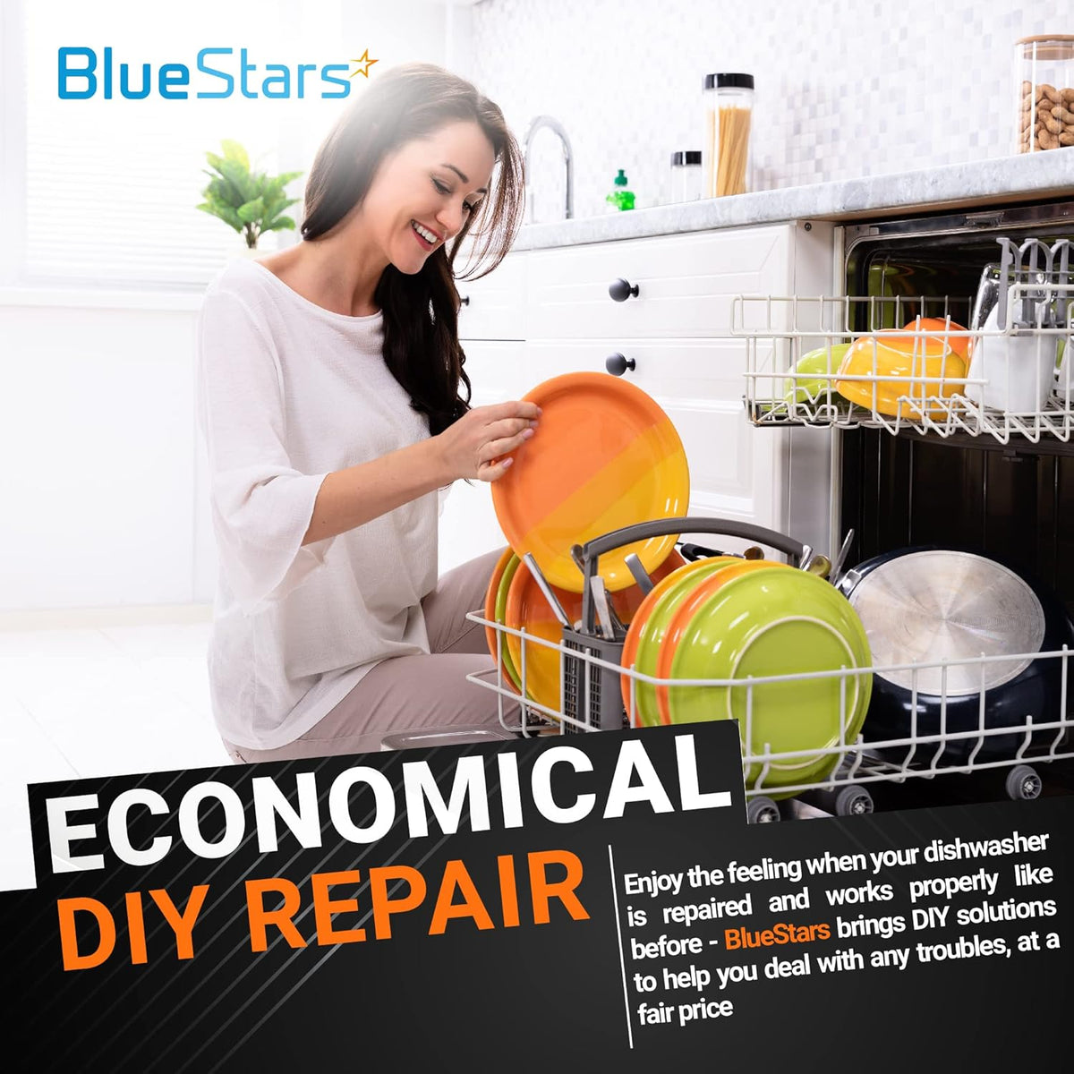 Woman loading colorful plates into a dishwasher for DIY repair with BlueStars parts.
