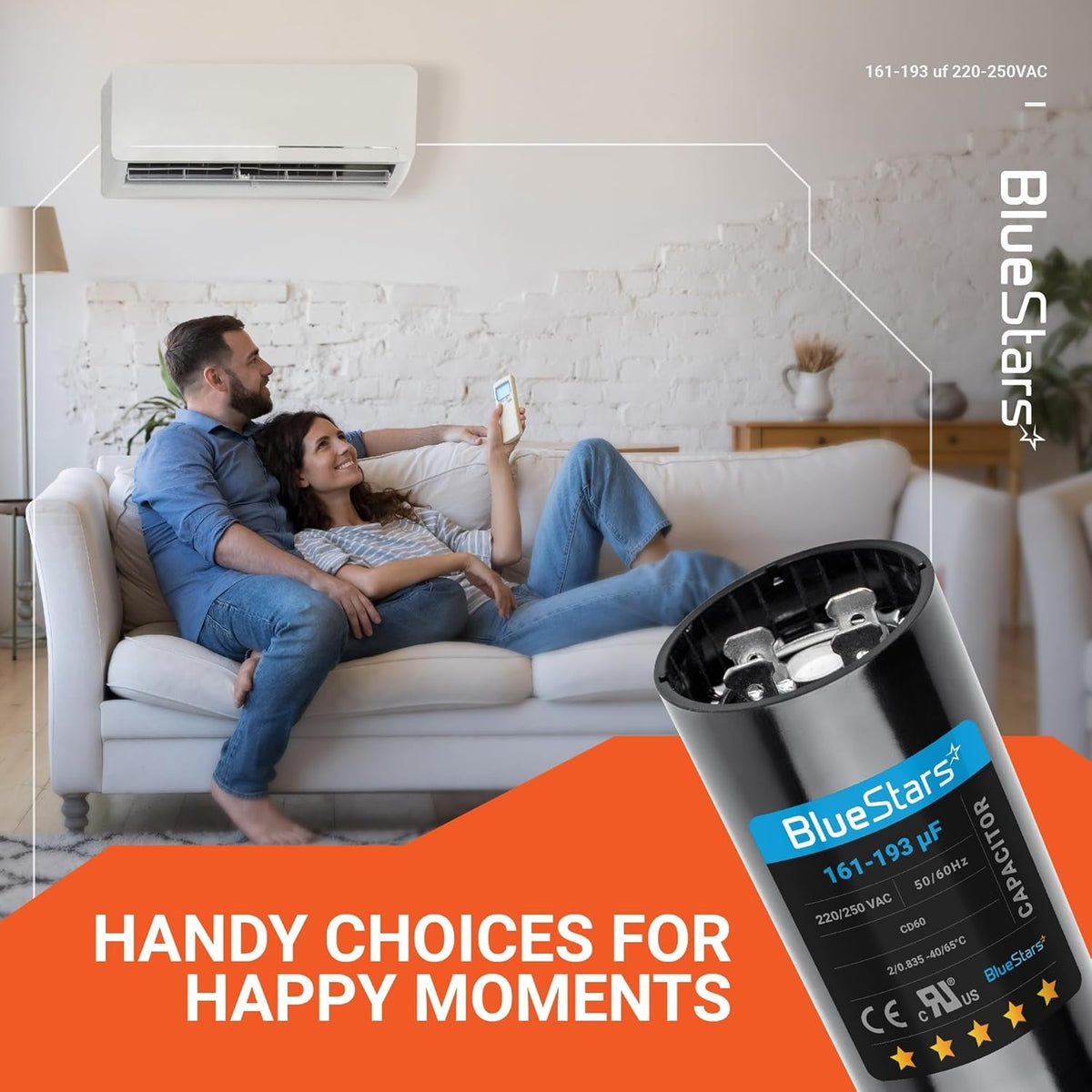 BlueStars 161-193 uF 220-250 VAC round start capacitor for air conditioners shown in a lifestyle marketing graphic.