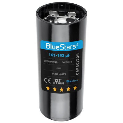 BlueStars 161-193 uF 220-250 VAC round start capacitor for air conditioners with terminal connectors.