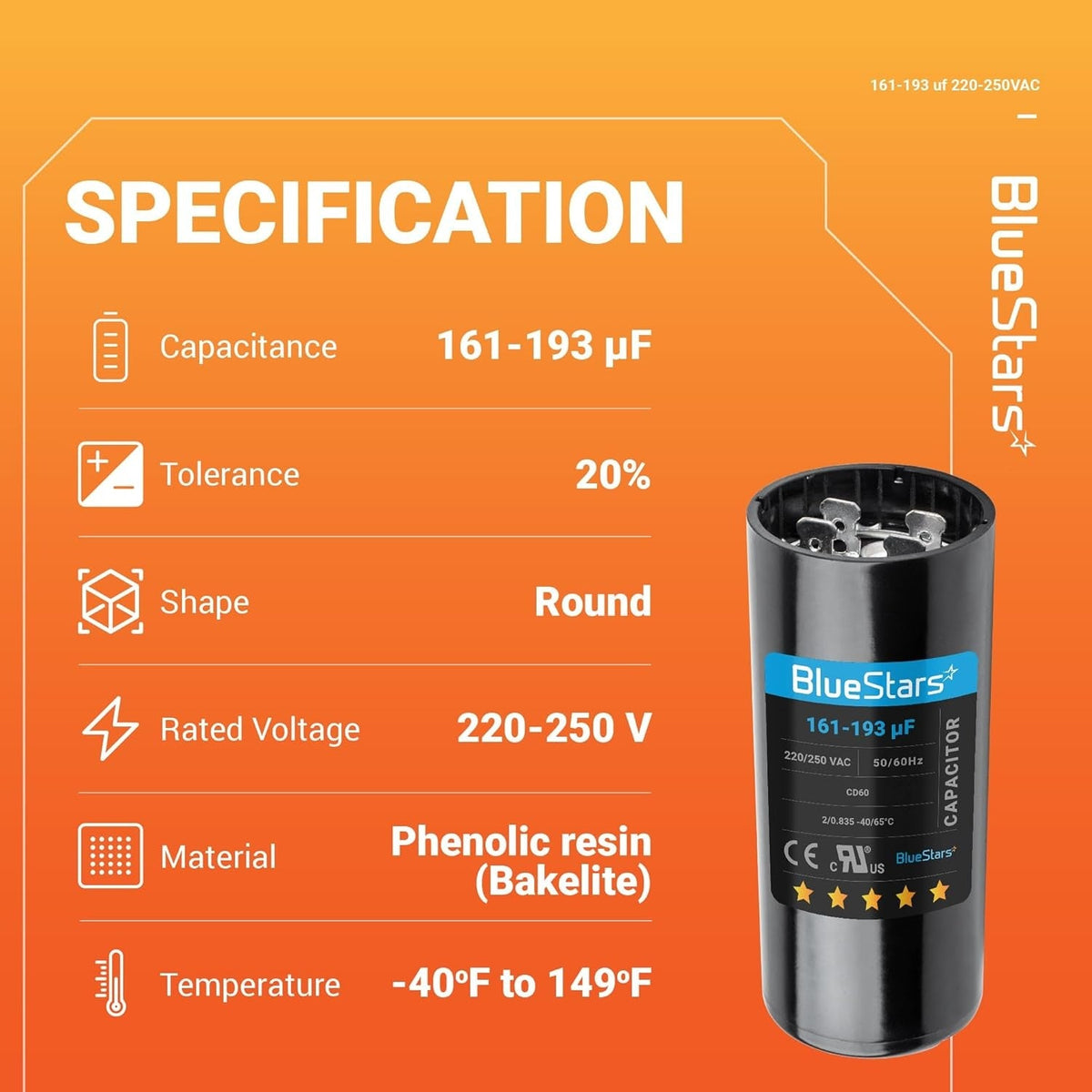 Specification chart for 161-193 uF 220-250 VAC round start capacitor for air conditioners.