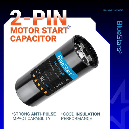 BlueStars 161-193 uF 220-250 VAC 2-pin round motor start capacitor for air conditioners.