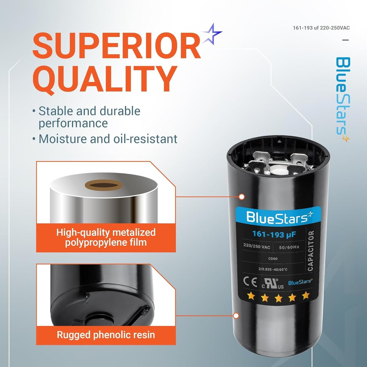 Infographic showing 161-193 uF 220-250 VAC round start capacitor features, materials, and terminal view.
