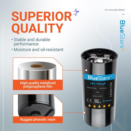 Infographic showing 161-193 uF 220-250 VAC round start capacitor features, materials, and terminal view.