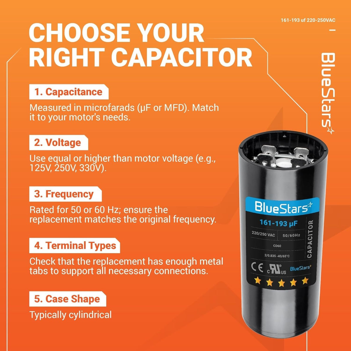 BlueStars 161-193 uF 220-250 VAC round start capacitor with instructional guide for air conditioner compatibility.