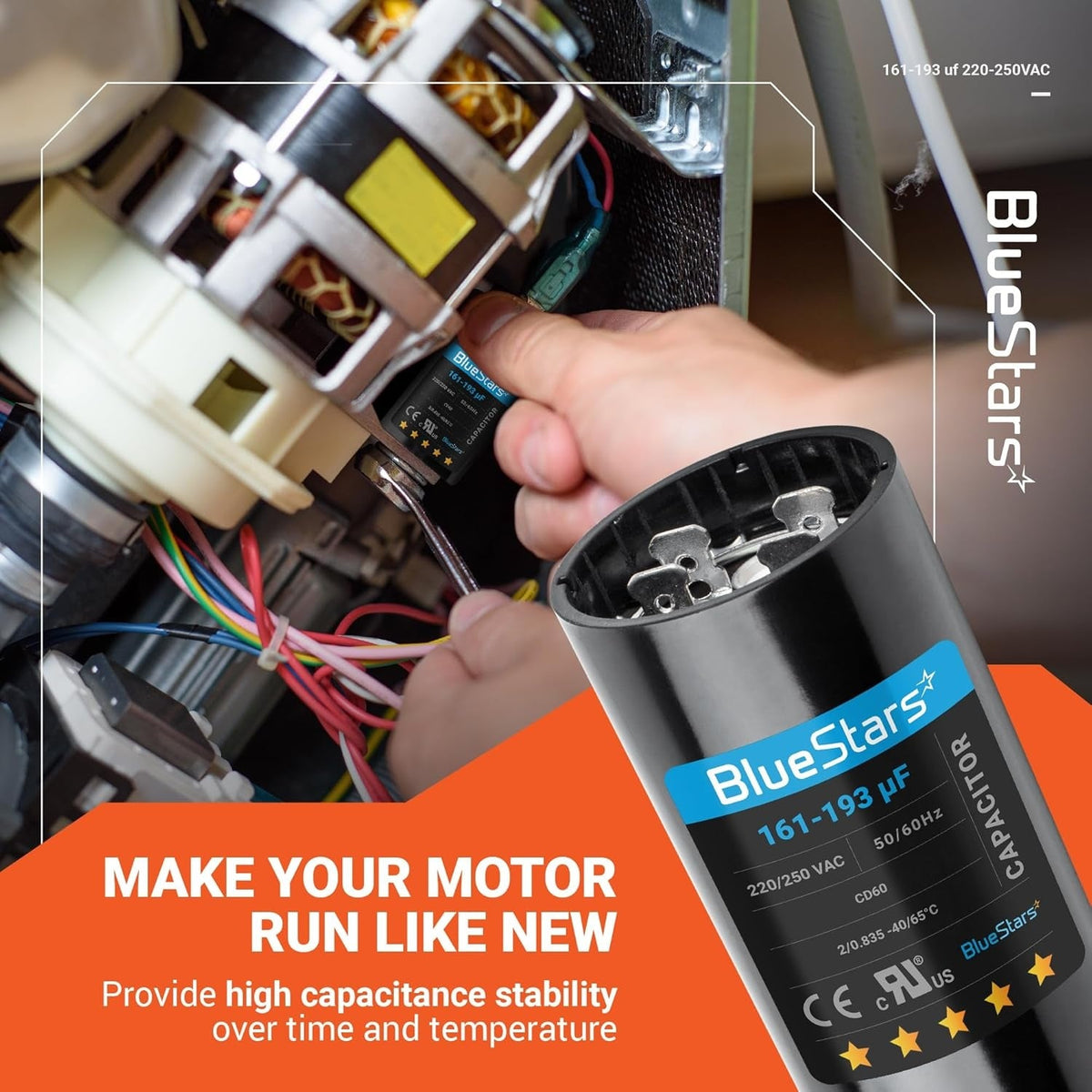 Hand installing a 161-193 uF 220-250 VAC round start capacitor into an air conditioner motor.