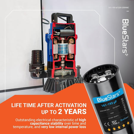 161-193 uF 220-250 VAC round start capacitor for air conditioners shown next to a cutaway water pump motor.