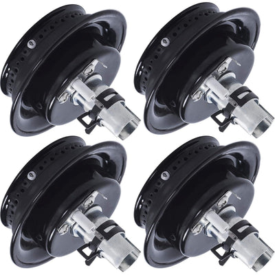 Set of four black gas range sealed burner heads with integrated igniters for Magic Chef and Maytag stoves.
