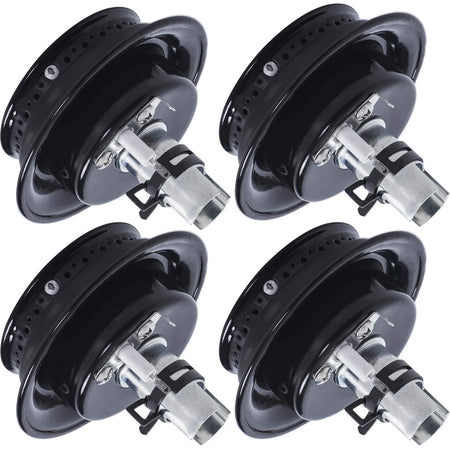 Set of four black gas range sealed burner heads with integrated igniters for Magic Chef and Maytag stoves.